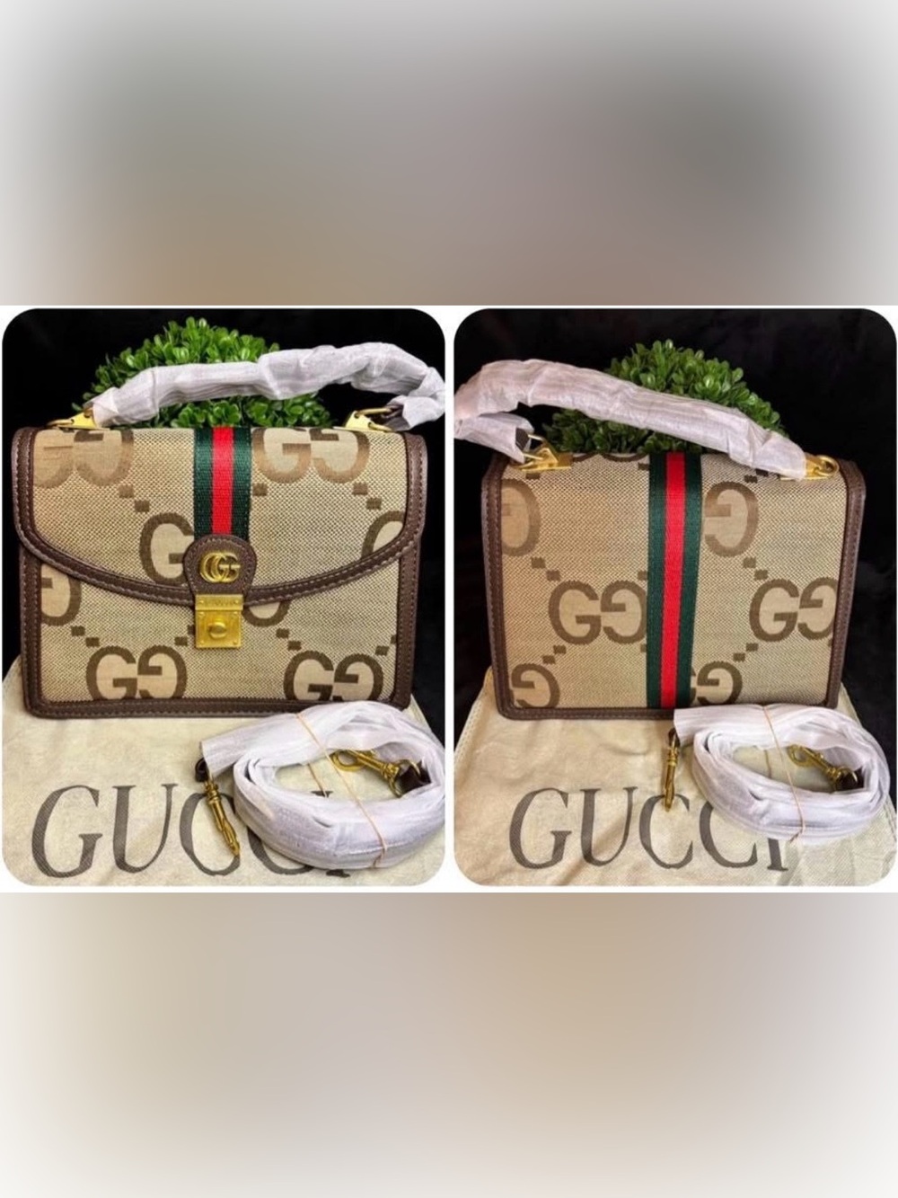 Gucci Beige GG Canvas Crossbody with Green-Red Web and Brown Trim